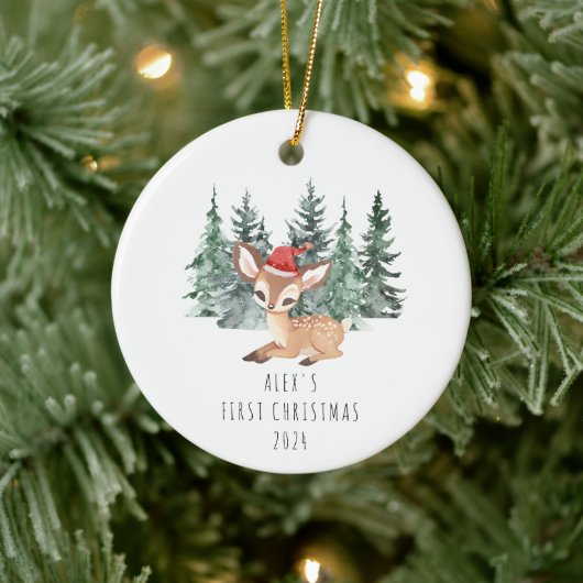 Schattigee Waterverf Tree & Deer Baby's Eerste Ker Keramisch Ornament (Boom)