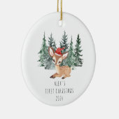Schattigee Waterverf Tree & Deer Baby's Eerste Ker Keramisch Ornament (Rechts)