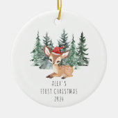 Schattigee Waterverf Tree & Deer Baby's Eerste Ker Keramisch Ornament (Voorkant)