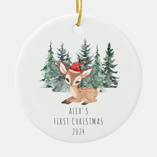 Schattigee Waterverf Tree & Deer Baby's Eerste Ker Keramisch Ornament (Voorkant)
