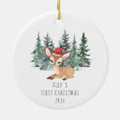 Schattigee Waterverf Tree & Deer Baby's Eerste Ker Keramisch Ornament (Achterkant)