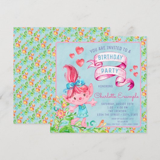 Schattigee Waterverf Troll Verjaardagsfeest Uitnod Kaart (Voorkant / Achterkant)