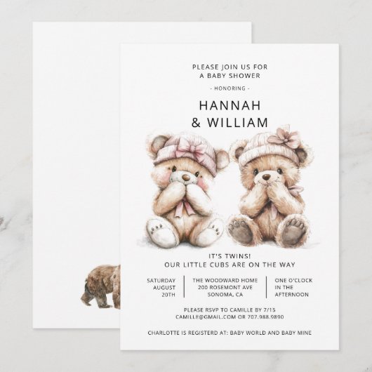 Schattigee Waterverf tweeling Teddy Bear Baby show Kaart (Voorkant / Achterkant)