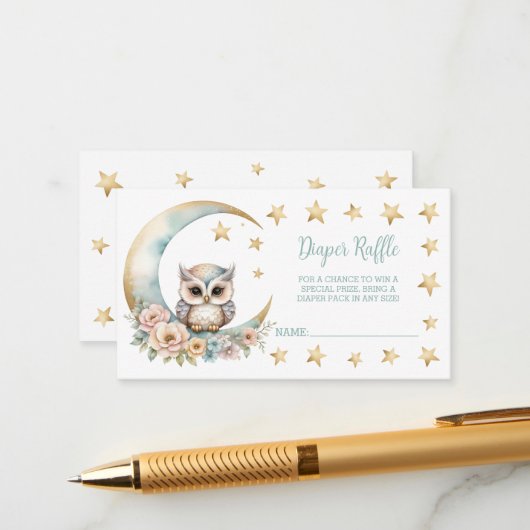 Schattigee Waterverf Uil Baby shower Luier Raffle Informatiekaartje (Voorkant / Achterkant in situ)