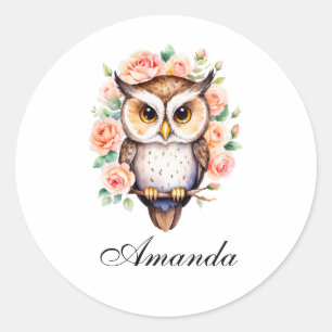 Schattigee Waterverf uil en bladachtige Rozen Ronde Sticker