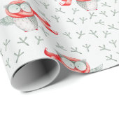 Schattigee Waterverf Uil in rode wintersjaal Cadeaupapier (Rol Hoek)