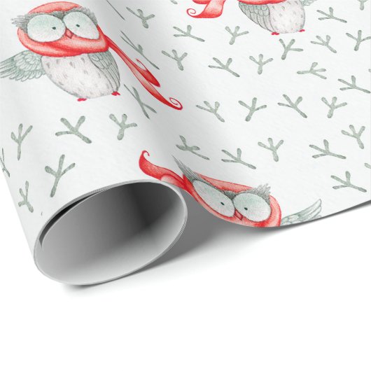 Schattigee Waterverf Uil in rode wintersjaal Cadeaupapier (Rol Hoek)