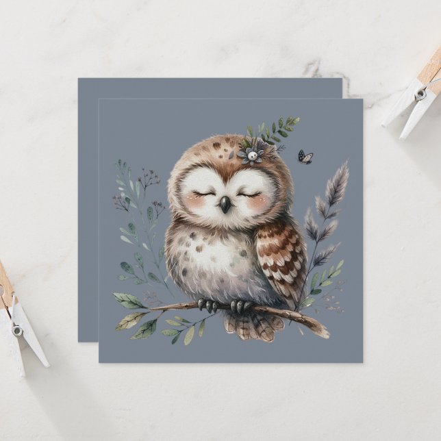 Schattigee Waterverf Uil met Floral Woodland Style (Voorkant / Achterkant in situ)
