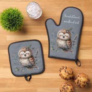 Schattigee Waterverf Uil met Floral Woodland Style Ovenwant & Pannenlap Set