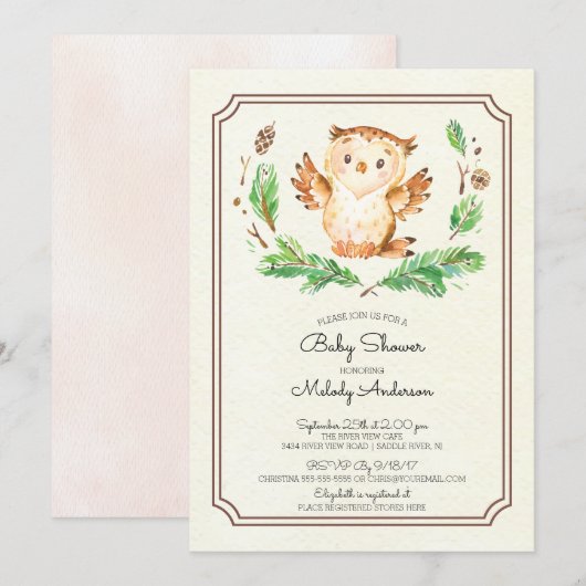 Schattigee Waterverf Uil Neutraal Baby shower Uitn Kaart (Voorkant / Achterkant)