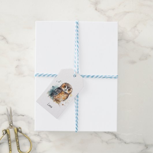 Schattigee Waterverf Uil, op maat Cadeaulabel (Met Touw)
