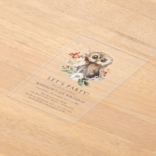 Schattigee Waterverf Uil Winterverjaardagsfeestje Acryl Uitnodigingen (Laagn)