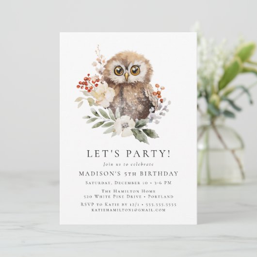Schattigee Waterverf Uil Winterverjaardagsfeestje Kaart (Staand voorkant)