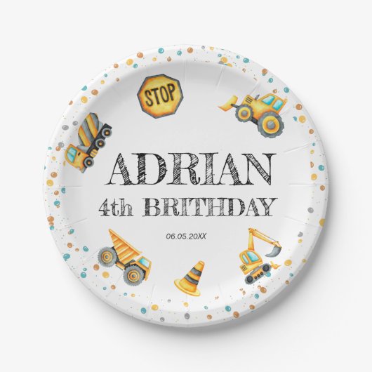 Schattigee Waterverf verjaardagsbouwvoertuigen Papieren Bordje (Voorkant)