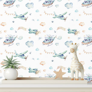 Schattigee Waterverf Vliegtuigen Helikopters Wolke Behang