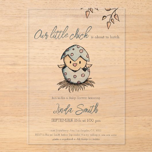 Schattigee Waterverf Vogel Genderneutraal Baby sho Acryl Uitnodigingen (Voorkant)