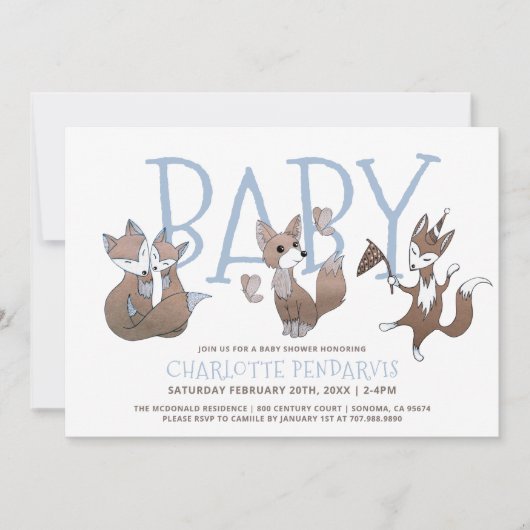 Schattigee Waterverf Vossen Blue Boy Baby shower Kaart (Voorkant)