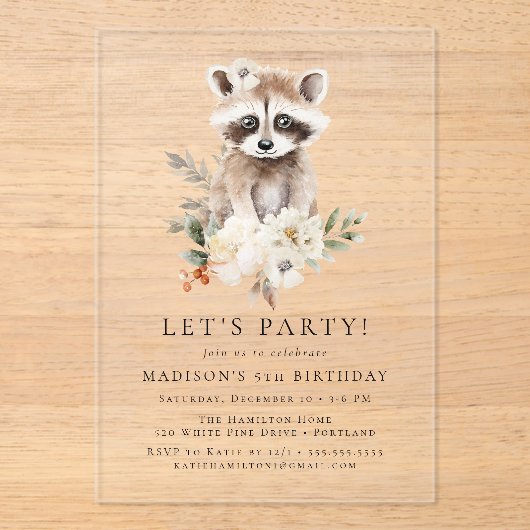 Schattigee Waterverf wasbeer winterfeestje Acryl Uitnodigingen (Voorkant)