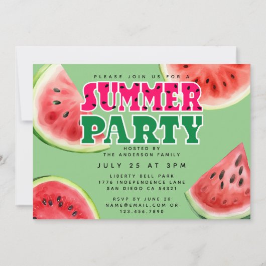 Schattigee Waterverf Watermeloen Zomerfeest Horizo Kaart (Voorkant)