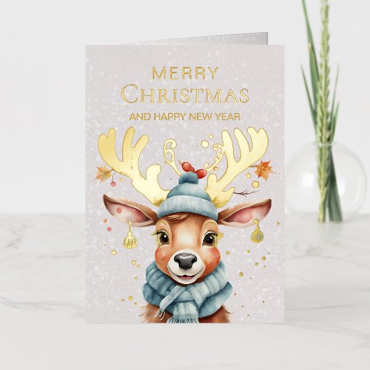 Schattigee Waterverf Whimsical Christmas Rendier G Folie Feestdagenkaart (Voorkant)