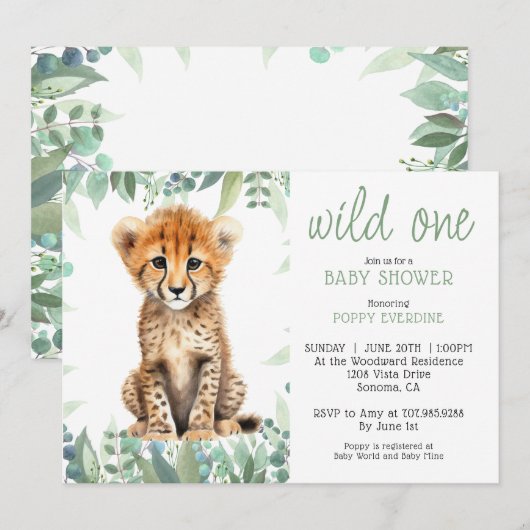 Schattigee Waterverf Wild One Cheetah Baby shower Kaart (Voorkant / Achterkant)
