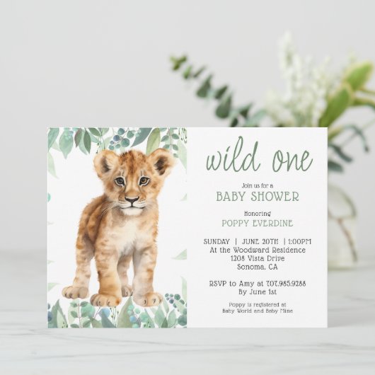 Schattigee Waterverf Wild One Lion Cub Baby shower Kaart (Staand voorkant)