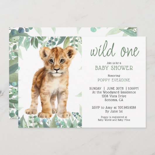 Schattigee Waterverf Wild One Lion Cub Baby shower Kaart (Voorkant / Achterkant)