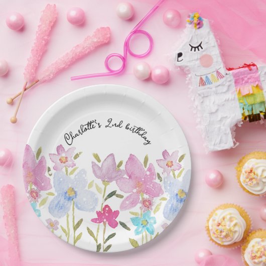 Schattigee Waterverf Wildbloemen monogram Papieren Bordje (Feest)