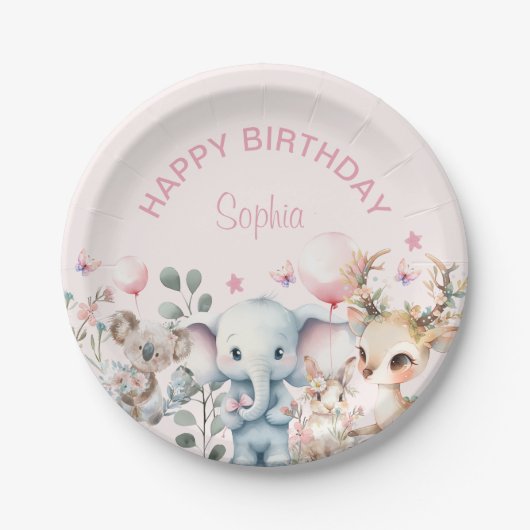 Schattigee Waterverf Wilde Dieren Roze Meisje Verj Papieren Bordje (Voorkant)