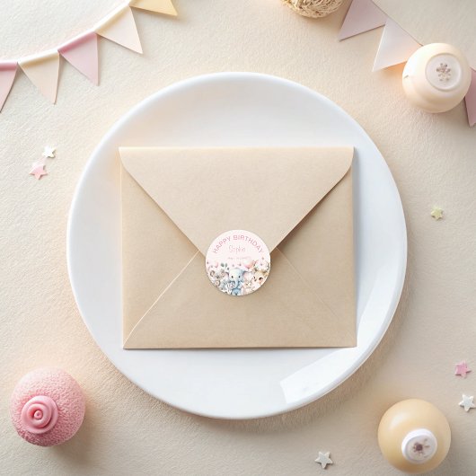 Schattigee Waterverf Wilde Dieren Roze Meisje Verj Ronde Sticker