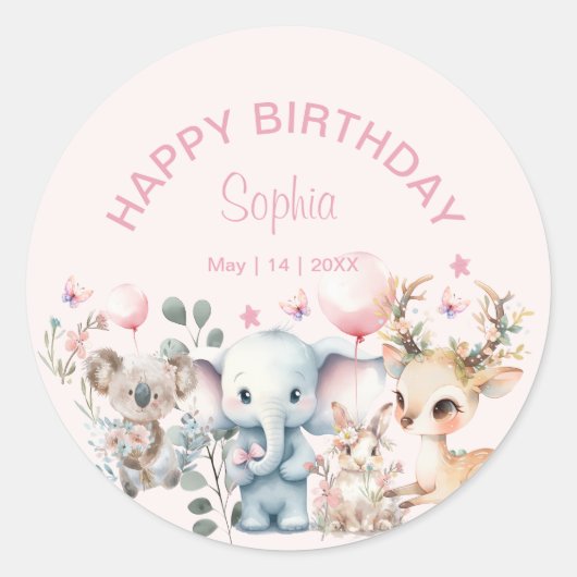 Schattigee Waterverf Wilde Dieren Roze Meisje Verj Ronde Sticker (Voorkant)