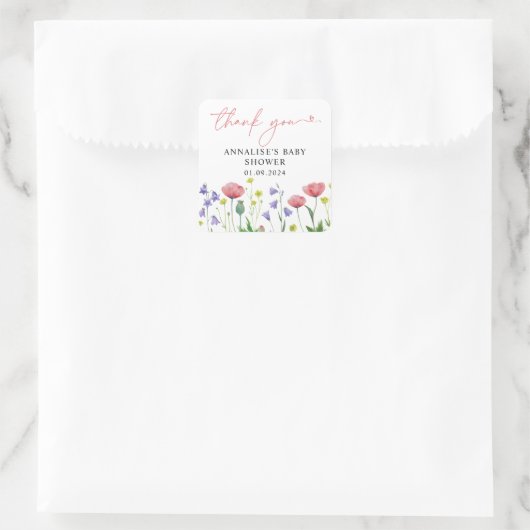 Schattigee Waterverf Wildflower Baby shower Dank u Vierkante Sticker (Tas)
