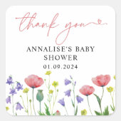 Schattigee Waterverf Wildflower Baby shower Dank u Vierkante Sticker (Voorkant)