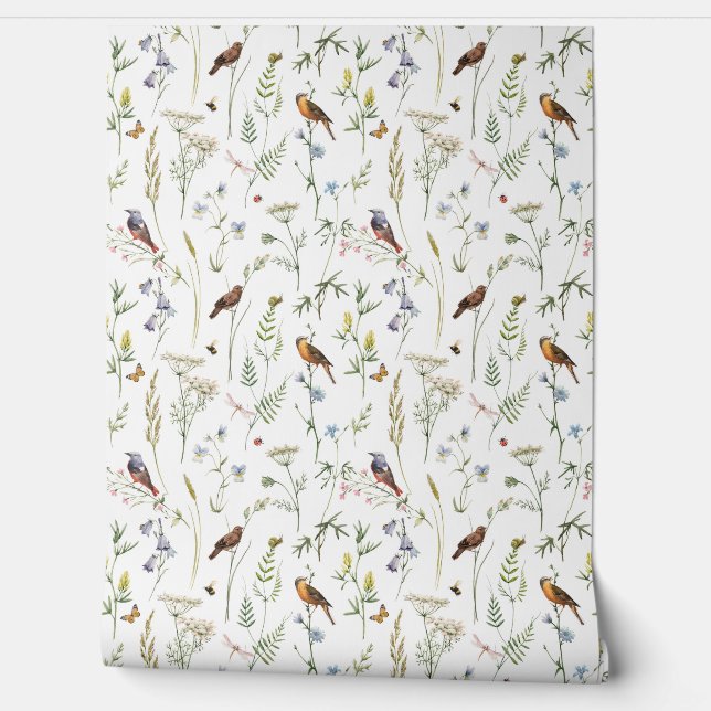 Schattigee Waterverf wildflower Bird Floral Home D Behang (Afrollen)