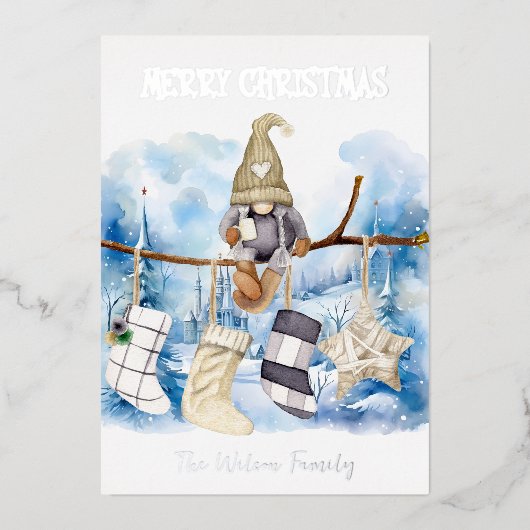 Schattigee Waterverf Winter Lady Gnome Vrolijk ker Folie Feestdagenkaart (Voorkant)