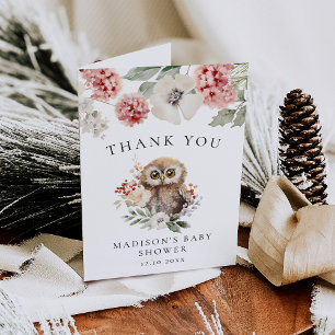 Schattigee Waterverf Winter Uil Baby shower Bedankkaart