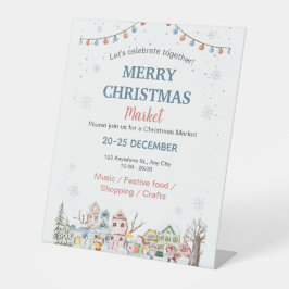 Schattigee Waterverf Winter Vakantie Kerstmarkt Reclamebord Met Voetstuk