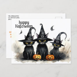 Schattigee Waterverf Witchy Cats Pompoenen Hallowe Briefkaart