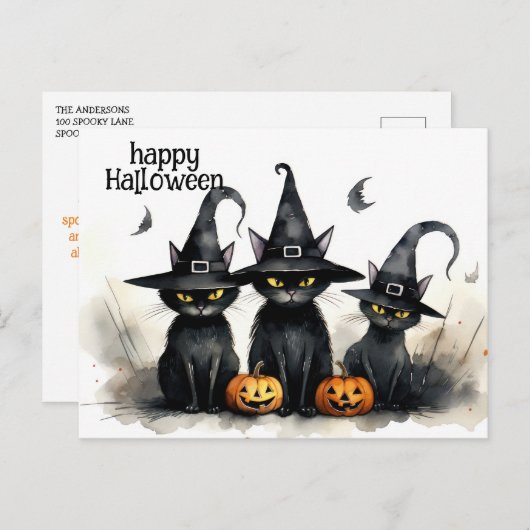 Schattigee Waterverf Witchy Cats Pompoenen Hallowe Briefkaart (Voorkant / Achterkant)