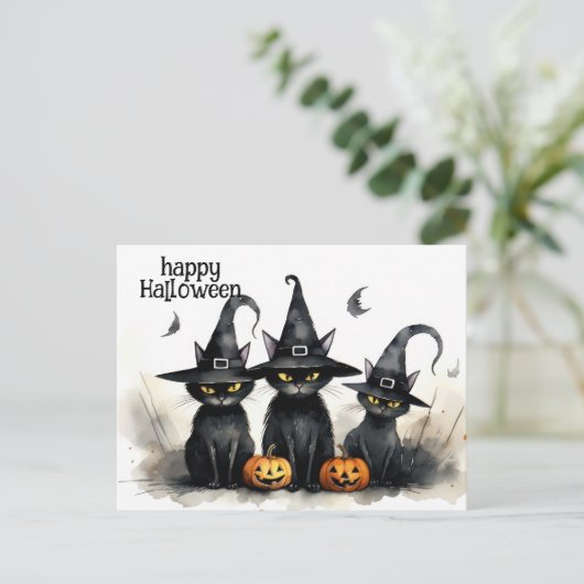 Schattigee Waterverf Witchy Cats Pompoenen Hallowe Briefkaart (Staand voorkant)