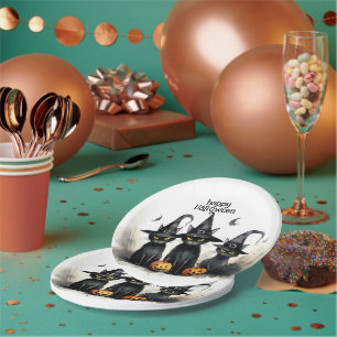 Schattigee Waterverf Witchy Cats Pompoenen Hallowe Papieren Bordje