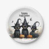 Schattigee Waterverf Witchy Cats Pompoenen Hallowe Papieren Bordje (Voorkant)