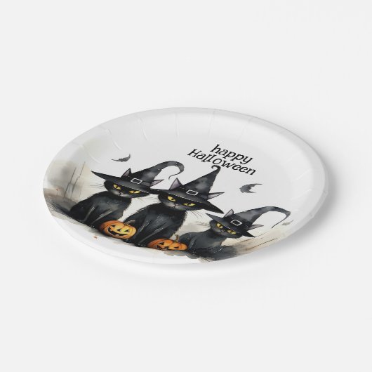 Schattigee Waterverf Witchy Cats Pompoenen Hallowe Papieren Bordje (Gekanteld)