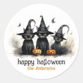 Schattigee Waterverf Witchy Cats Pompoenen Hallowe Ronde Sticker (Voorkant)