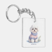 Schattigee Waterverf Witte Maltese puppy hond gepe Sleutelhanger (Voorkant Links)