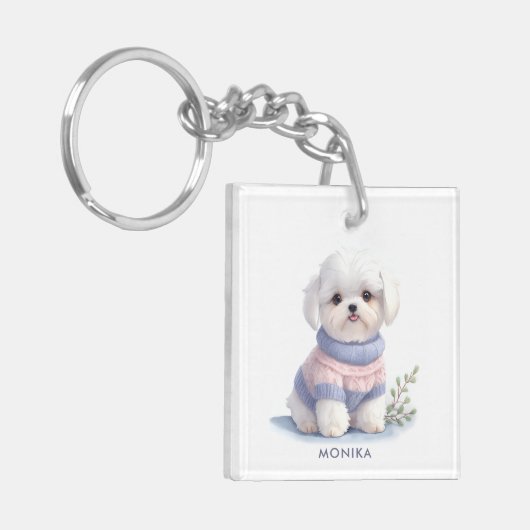 Schattigee Waterverf Witte Maltese puppy hond gepe Sleutelhanger (Voorkant Links)