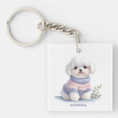 Schattigee Waterverf Witte Maltese puppy hond gepe Sleutelhanger (Voorkant)