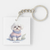 Schattigee Waterverf Witte Maltese puppy hond gepe Sleutelhanger (Achterkant)