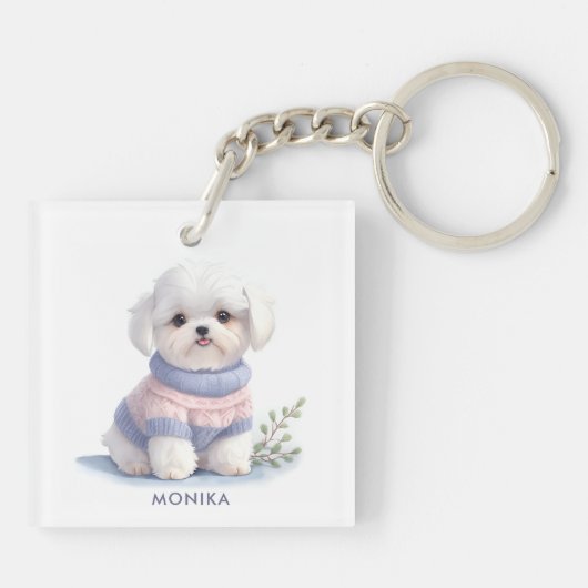 Schattigee Waterverf Witte Maltese puppy hond gepe Sleutelhanger (Achterkant)