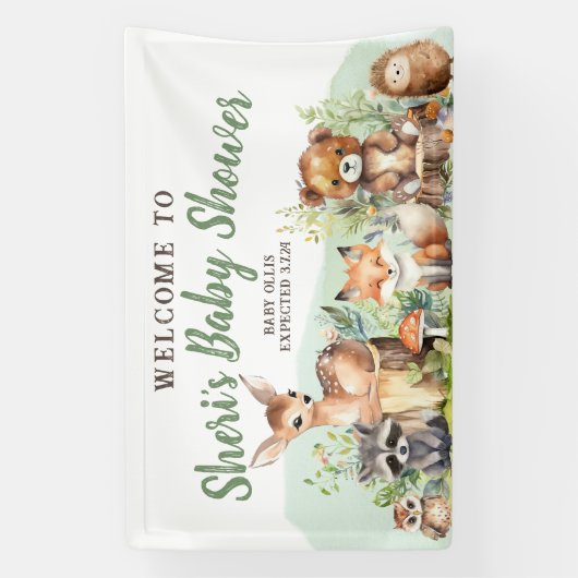 Schattigee Waterverf Woodland Animal Baby shower B Spandoek (Verticaal)